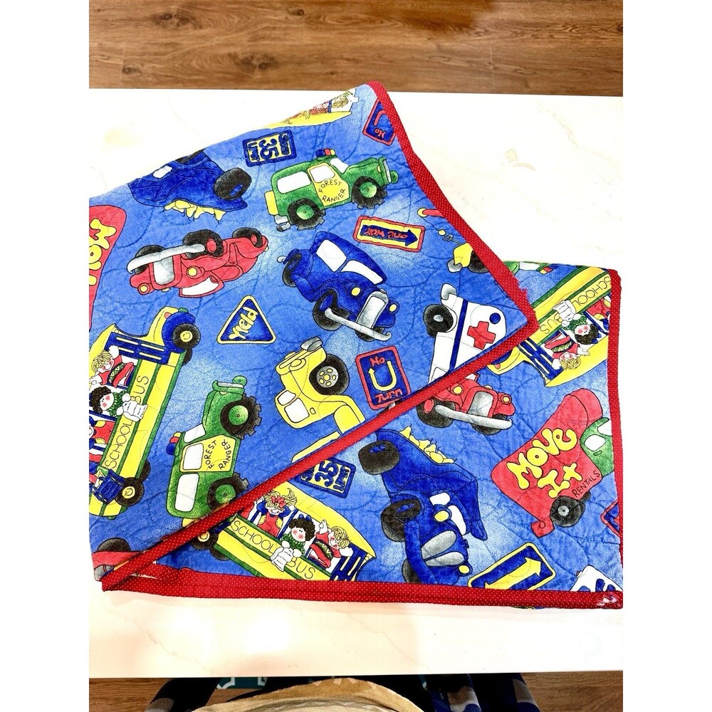 Handmade Vintage Kids Quilt Blanket Cars Trucks School Bus Patchwork 56‎ x 40
